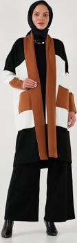 Lela Modest Regular Fit Renk Bloklu Uzun Tesettür Triko Bayan Hırka 4616172 TOPRAK