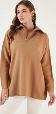Lela Yarım Fermuarlı Oversize Triko Bayan Kazak 4616079 CAMEL