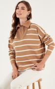 Lela Çizgili Yarım Fermuarlı Oversize Triko Bayan Kazak 4616080 Camel-Açık Taş