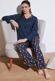 Lela Desenli Regular Fit Apaş Yaka Beli Lastikli Bol Paça Bayan Pijama Takımı 65714300 LACİVERT