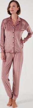 Lela Regular Fit Parlak Kadife Ribanalı Bayan Pijama Takımı 6097110 PUDRA