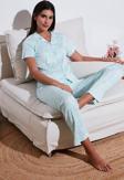 Lela Regular Fit Gömlek Yaka Kısa Kollu Bayan Pijama Takımı 65780124 SU YEŞİLİ