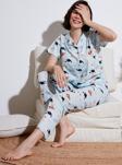 Lela Desenli Kısa Kollu Beli Lastikli Gömlek Yaka Dokuma Regular Fit Bayan Pijama Takımı 6571010 MİNT