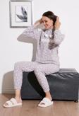 Lela Desenli Regular Fit Kapüşonlu Polar Bayan Pijama Takımı 6571001 GRİ