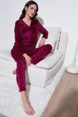 Lela Regular Fit Desenli Parlak Kadife Bayan Pijama Takımı 65713311 BORDO