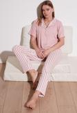 Lela Desenli Kısa Kollu Beli Lastikli Gömlek Yaka Dokuma Bayan Pijama Takımı 6097515 PUDRA