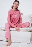 Lela Regular Fit Desenli Bisiklet Yaka Bayan Pijama Takımı 65719102 PEMBE