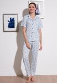 Lela Desenli Kısa Kollu Beli Lastikli Gömlek Yaka Dokuma Bayan Pijama Takımı 6097515 AÇIK MAVİ