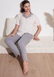 Lela Desenli Kısa Kollu Beli Lastikli Gömlek Yaka Dokuma Bayan Pijama Takımı 6097515 EKRU
