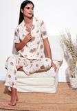 Lela Rahat Kesim Bol Paça Mono Yaka Kısa Kollu Bayan Pijama Takımı 6110290 BEJ