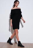 Lela Oversize Fit Kayık Yaka Uzun Kollu Mini Triko Bayan Elbise 4615218 SİYAH
