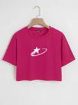 Mad&Calf Kadın Falling Star Baskılı Oversize Crop Tshirt Fuşya S