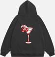 Mad&Calf Kadın Cherry Coctail Baskılı Kapüşonlu Polarlı Oversize Sweatshirt Füme 2XL