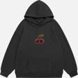 Mad&Calf Kadın Cherry Taş Baskılı Kapüşonlu Polarlı Oversize Sweatshirt Füme 2XL