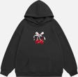 Mad&Calf Kadın Cherry Baskılı Kapüşonlu İçi Polarlı Oversize Sweatshirt Füme L