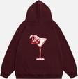Mad&Calf Kadın Cherry Coctail Baskılı Kapüşonlu Polarlı Oversize Sweatshirt Bordo 2XL