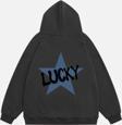 Mad&Calf Kadın Lucky Baskılı Kapüşonlu Polarlı Oversize Sweatshirt Füme 2XL