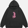 Mad&Calf Kadın Pink Leopard Baskılı Kapüşonlu Polarlı Oversize Sweatshirt Füme XL
