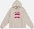 Mad&Calf Kadın Pink Cars Baskılı Kapüşonlu Polarlı Oversize Sweatshirt Bej M
