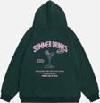 Mad&Calf Kadın Summer Drinks Baskılı Kapüşonlu Polarlı Oversize Sweatshirt Koyu Yeşil S