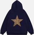 Mad&Calf Kadın Star Leopard Baskılı Kapüşonlu Polarlı Oversize Sweatshirt Lacivert 2XL