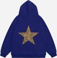 Mad&Calf Kadın Star Leopard Baskılı Kapüşonlu Polarlı Oversize Sweatshirt Mavi 2XL
