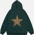 Mad&Calf Kadın Star Leopard Baskılı Kapüşonlu Polarlı Oversize Sweatshirt Yeşil 2XL