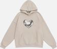 Mad&Calf Unisex Silver Chrome Heart Baskılı Kapüşonlu Polarlı Oversize Sweatshirt Bej 2XL