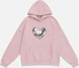 Mad&Calf Unisex Silver Chrome Heart Baskılı Kapüşonlu Polarlı Oversize Sweatshirt Pembe L