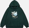 Mad&Calf Unisex Lost In Space Baskılı Kapüşonlu Polarlı Oversize Sweatshirt Koyu Yeşil 2XL