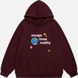 Mad&Calf Unisex Scape From Reality Baskılı Kapüşonlu Polarlı Oversize Sweatshirt Bordo XS