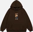 Mad&Calf Unisex Teddy Bear Baskılı Kapüşonlu Polarlı Oversize Sweatshirt Kahverengi 2XL