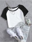 Mad&Calf Kadın Garnili Kısa Kollu Crop Tshirt Ekru - Siyah L