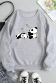 Unisex Uykucu Panda Baskılı Bisiklet Yaka Sweatshirt