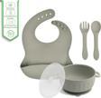 Jojobebek Silikon Beslenme Seti Silikon Vakumlu Kapaklı Mama Kasesi - Silikon Önlük - Çatal Ve Kaşık - Gri