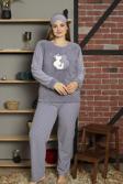 Fawn 5100 Büyük Beden Peluş Welsoft Polar Kışlık Kedili Kadın Pijama Takımı 
