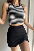 WAK Kadın Siyah Çizgili Halter Yaka Fitilli Crop Bluz