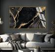 Harikabirev Siyah - Gold Marble Desen Soyut Modeli Çerçeveli Temperli Cam Tablo Tekli Yatay