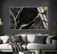Harikabirev Siyah - Gold Marble Desen Soyut Modeli Çerçeveli Temperli Cam Tablo Tekli Yatay