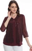 Ella Camelia Kadın Kolları Tül Detaylı Bluz 19E040 Bordo