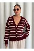 Laluvia Bordo - Ekru Yumoş Enine Çizgili Hırka - 4584