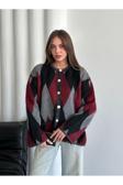 Laluvia Bordo Gümüş Düğmeli Baklava Desenli Hırka - 7200
