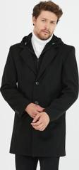 Mero Life Erkek Siyah Yün Karışımlı Kaşe Kapüşonlu Önü Fermuarlı Ve Düğmeli Uzun Kaban