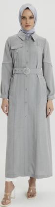 Gömlek Yaka Kemer Detaylı Gri Pardesü  13170