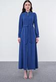 Kuşaklı Aksesuar Detaylı İndigo Pardesü 13488