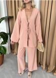 Laluvia Somon Boncuklu Kimono Keten Takım