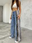 Bikelife Kadın Yüksek Bel Mavi Leopar Desenli Yanı Şeritli Wide Leg Jean Mavi 42