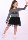 Toontoy Kız Çocuk Star Baskılı Tüllü Elbise