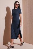 Lela Regular Fit Bisiklet Yaka Yırtmaç Detaylı Midi Bayan Elbise 5866165 FÜME