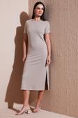 Lela Regular Fit Bisiklet Yaka Yırtmaç Detaylı Midi Bayan Elbise 5866165 TAŞ